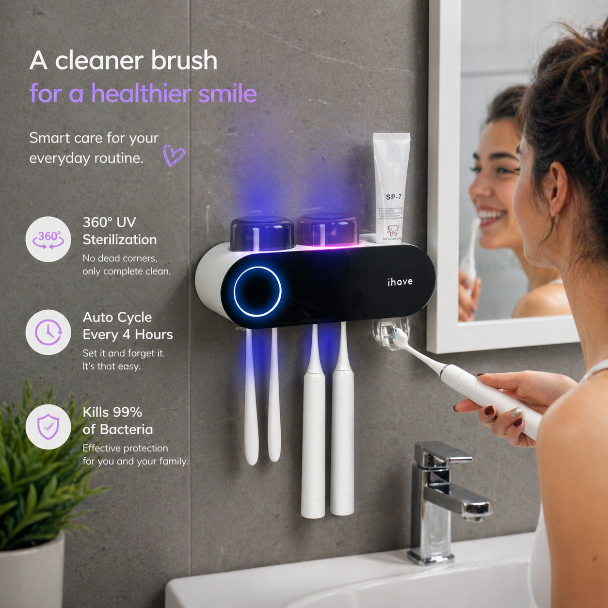 iHave Toothbrush Holders for Bathrooms, UV Toothbrush Sanitizer and Holder Smart Home Bathroom Accessories, 2 Cups Electric Toothbrush Holder Wall Mounted with Toothpaste Dispenser Bathroom Decor